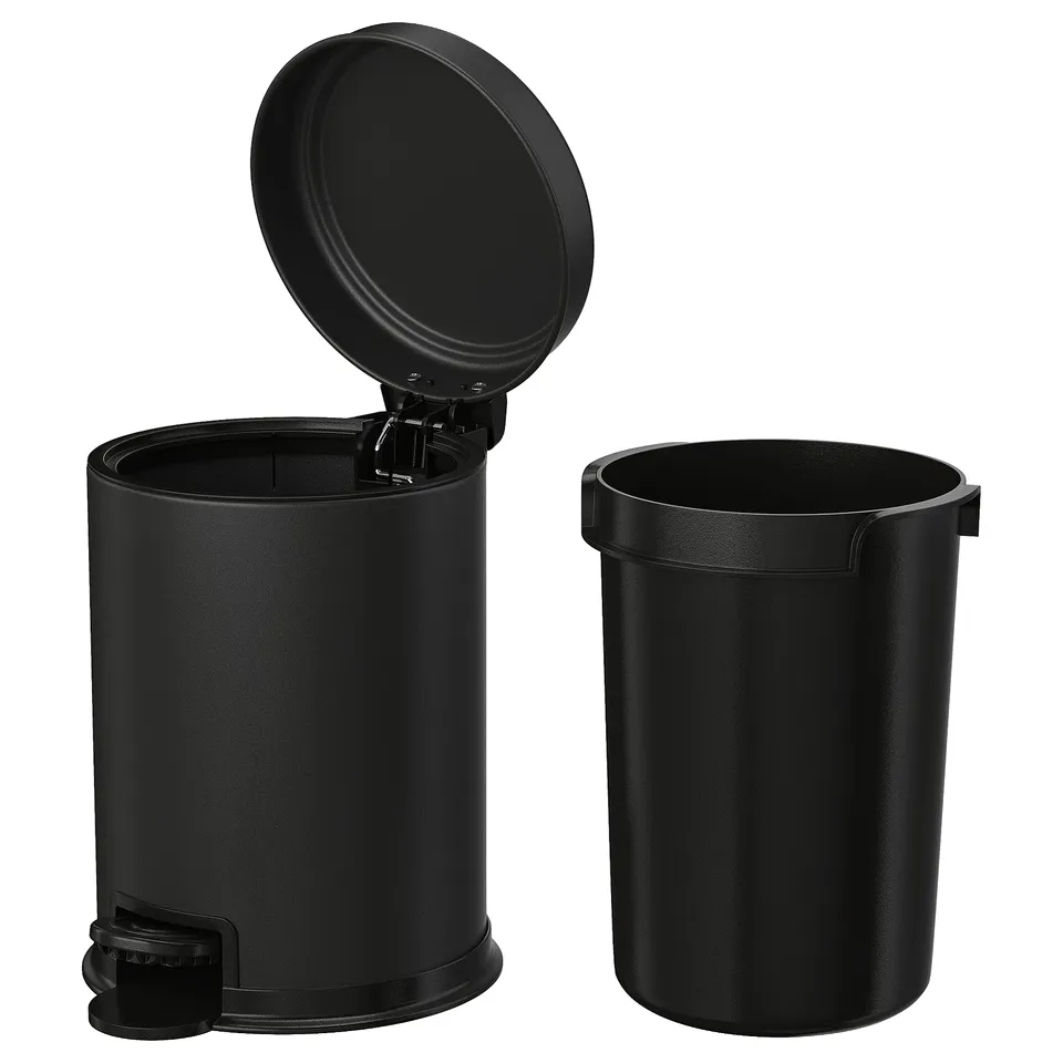 Two black PÄRLSLINKE rubbish bins. They are round and made of galvanised steel with plastic parts. One has an open lid and a pedal for hands-free use.