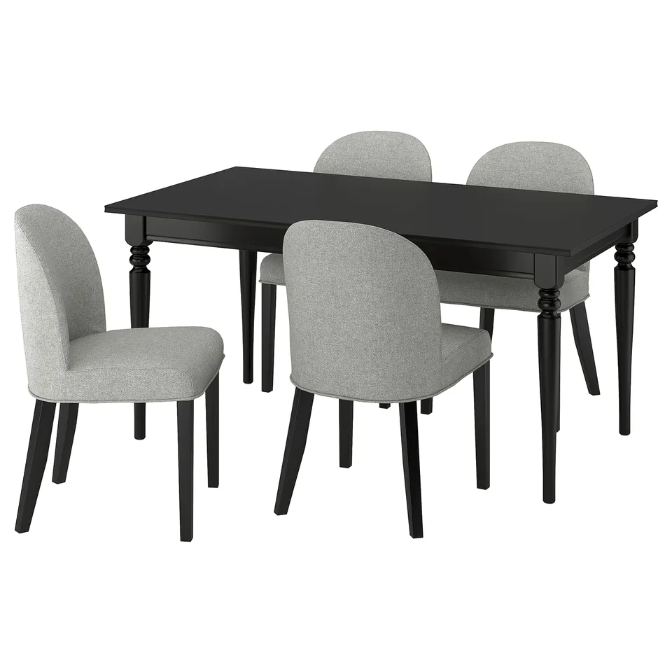 ROSENTORP dining set: black rectangular table, four grey fabric chairs with black frames.