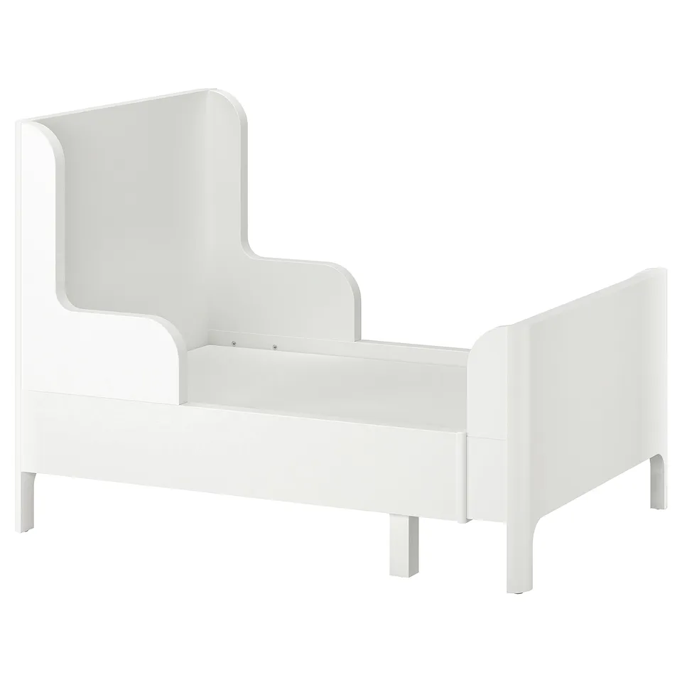 White BUSUNGE bed, extendable, supports good posture with solid wood slats.