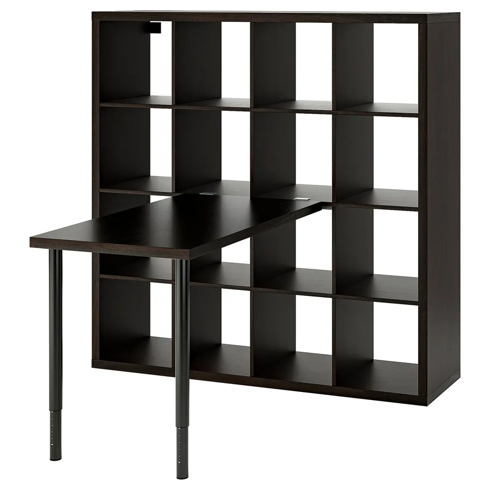 Brown KALLAX cube shelves with tabletop, versatile storage, adjustable legs.