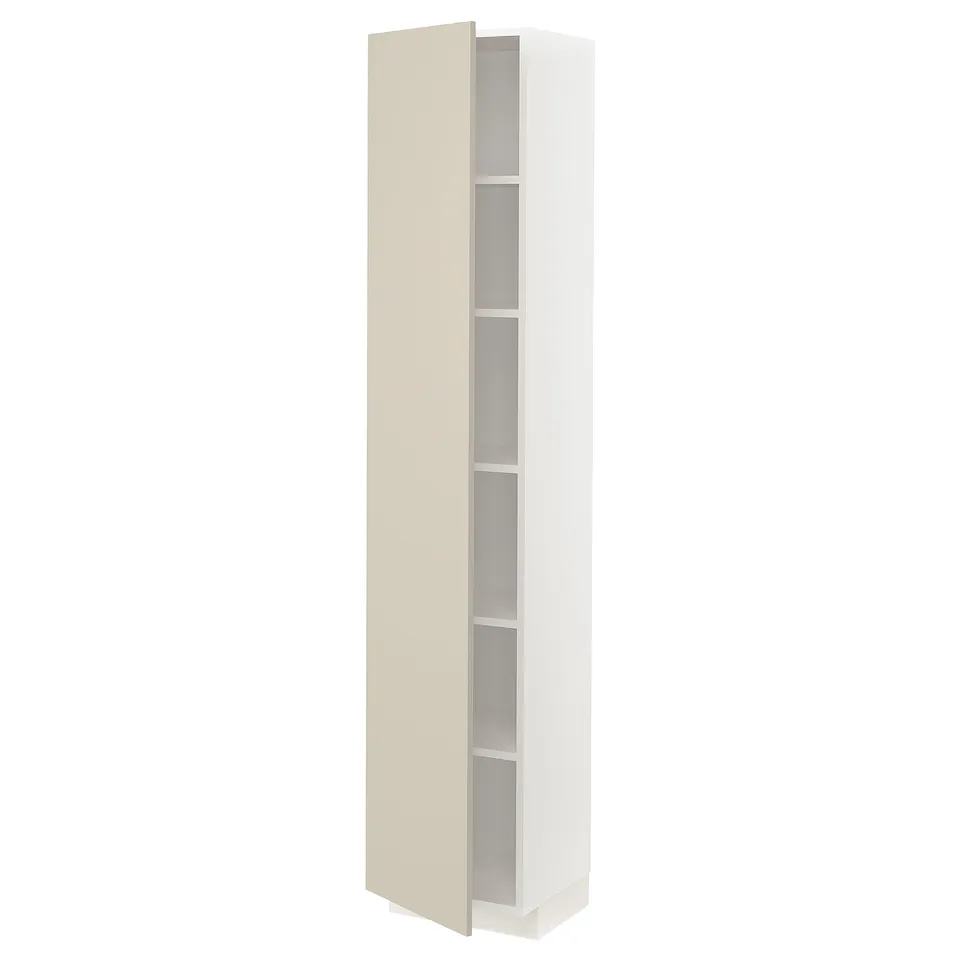A white and beige METOD high cabinet from IKEA, featuring a sleek, modern design with adjustable shelves.