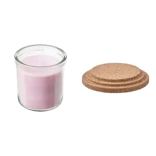 LUGNARE/RÖNNSPIREA set: scented candle in glass + lid for scented candle, Jasmine/pink + cork, Height 8.5 cm