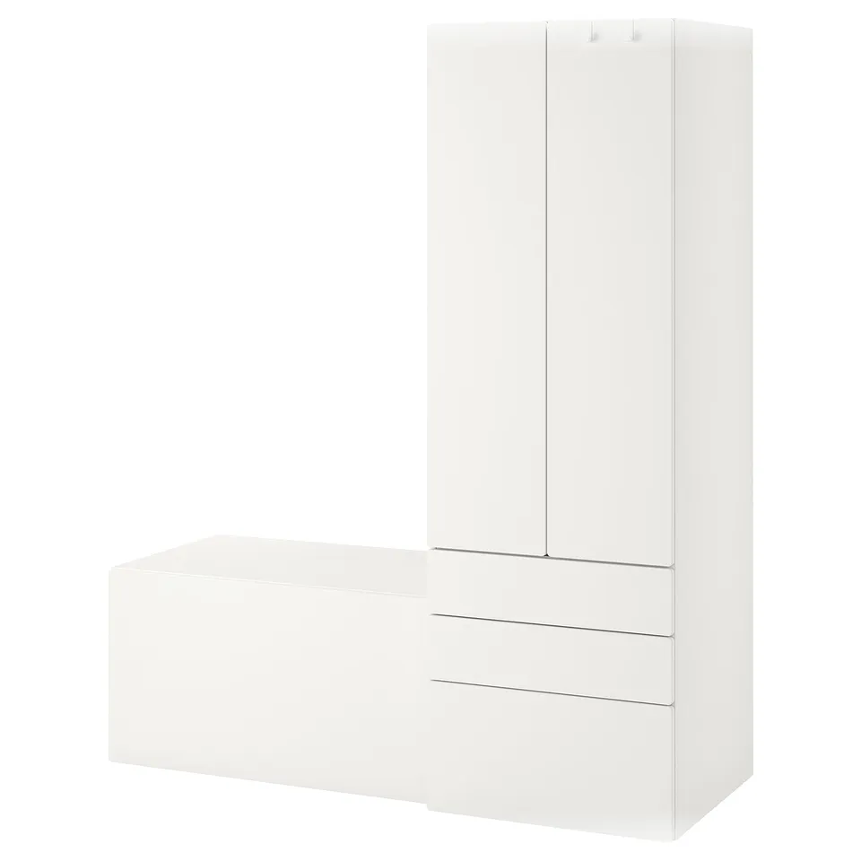 White SMÅSTAD kids storage set with wardrobe and bench.