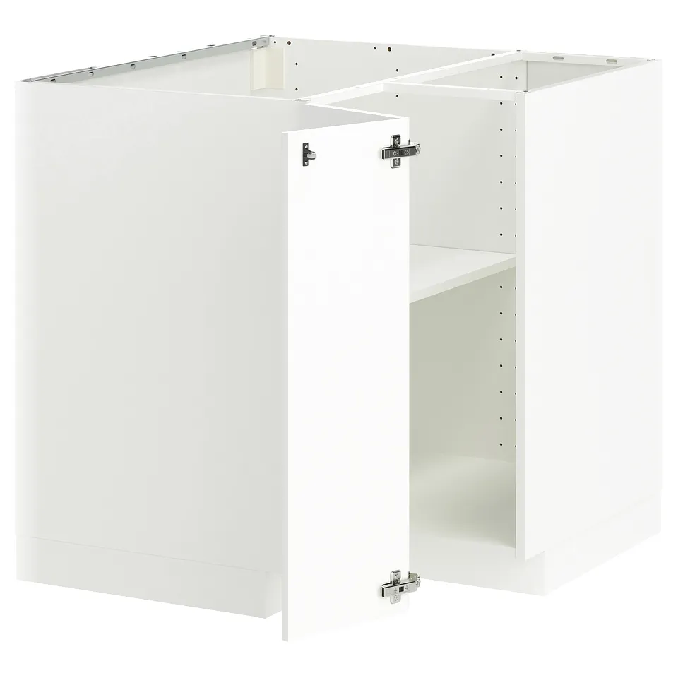 White METOD kitchen cabinet set, glossy finish, modern design, corner base with adjustable shelves.