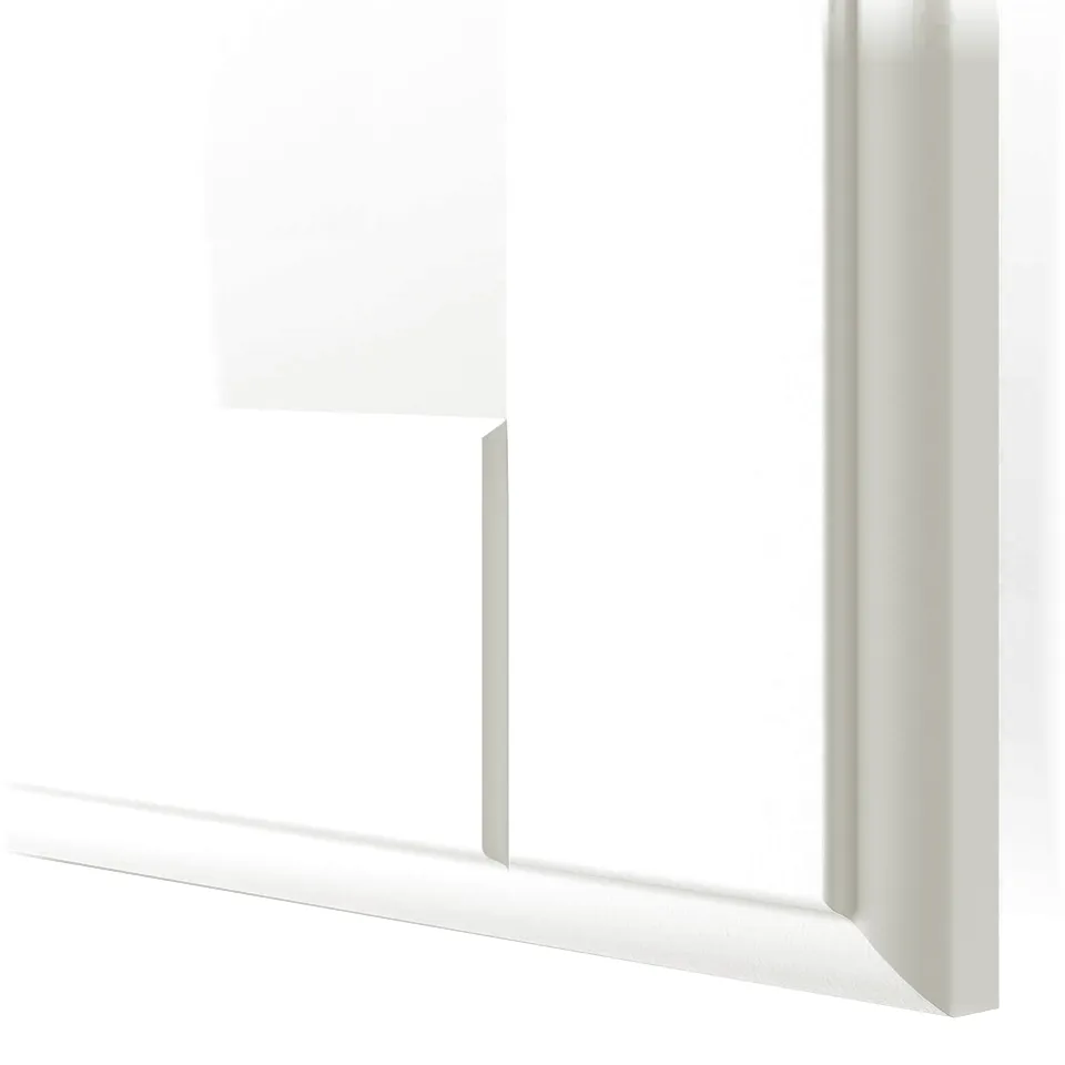 Image shows a white TYSSEDAL wardrobe door with a classic panel design and soft edges, reflecting excellent craftsmanship and quality.