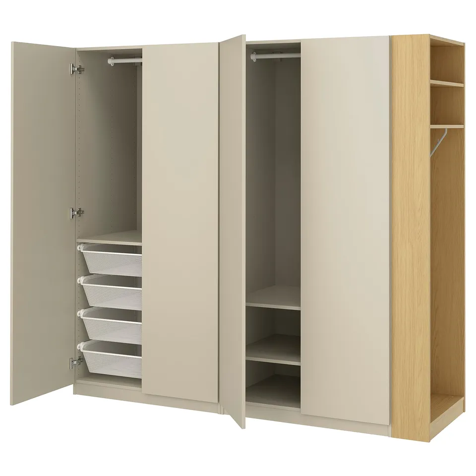 PAX / FORSAND Wardrobe combination, grey-beige grey-beige/oak effect, 220x60x201 cm