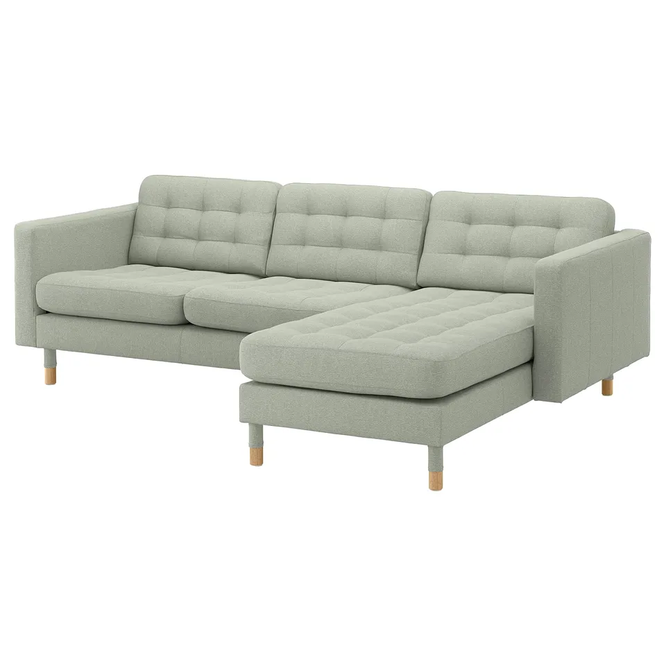 A LANDSKRONA light grey fabric sofa with a chaise longue, featuring tufted cushions and wooden legs.