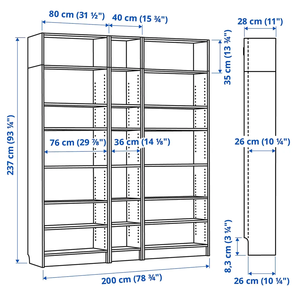 Illustration with measurements for the product: BILLY.