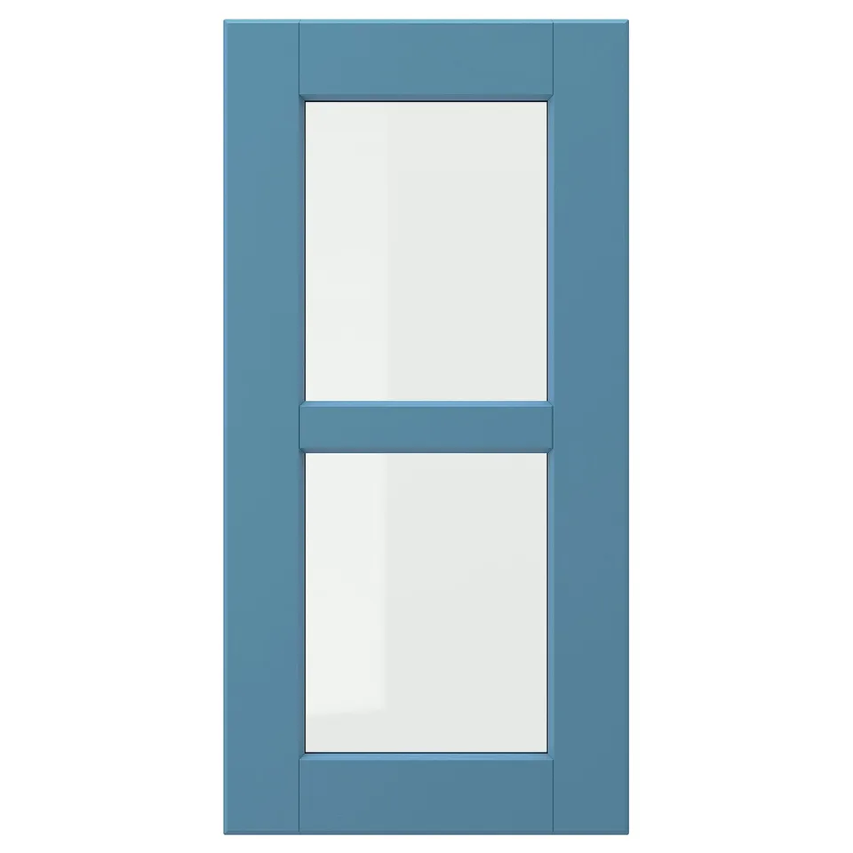 LERHYTTAN blue door with wooden frame and glass panel.