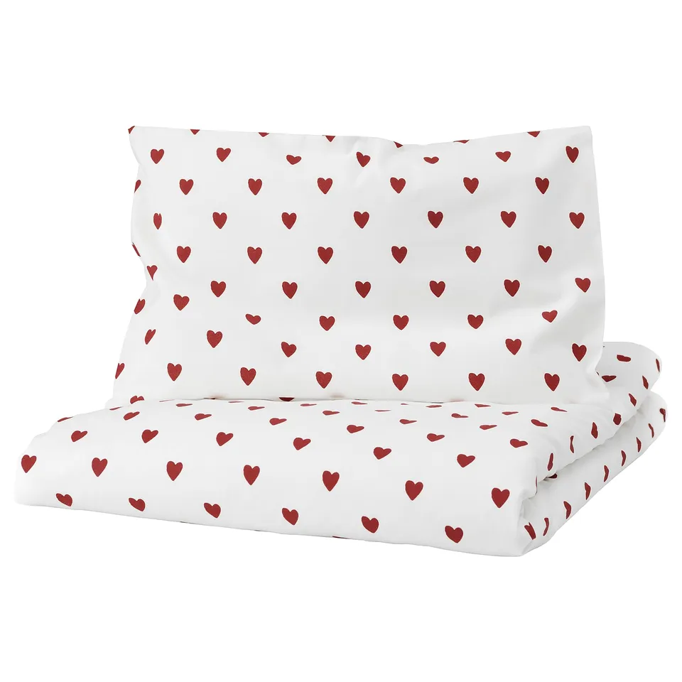 BARNDRÖM white duvet set, small red hearts on soft cotton, rectangular pad with zip.