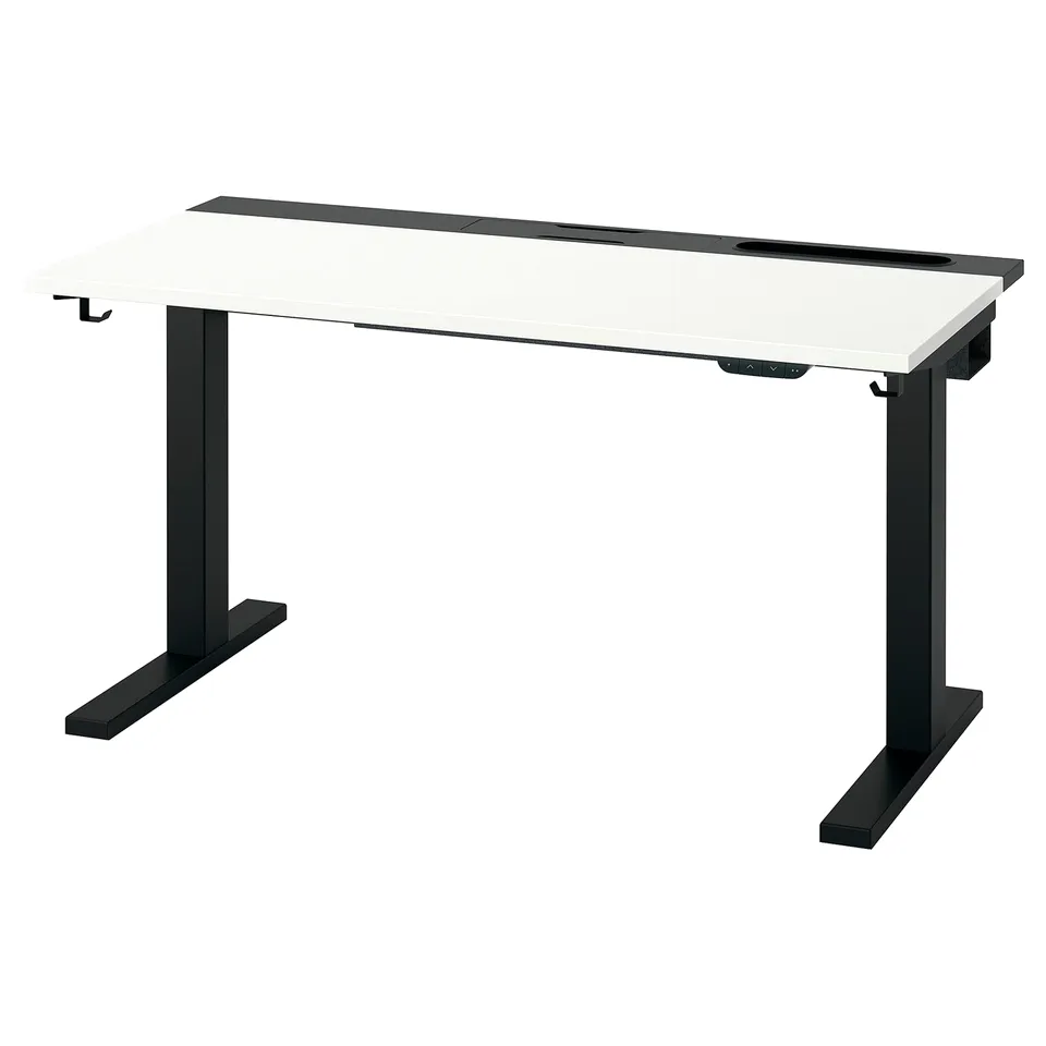 MITTZON: sleek sit-stand desk with black legs, white top, dual motors, ergonomic design, adjustable height.