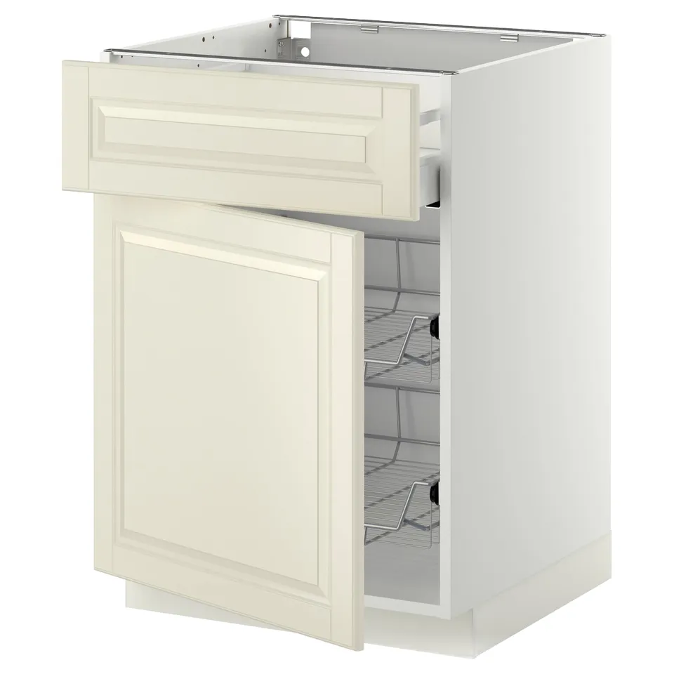 Depicts a white METOD kitchen cabinet with a bodbyn off-white drawer. The cabinet a smooth-running wire basket and a traditional design.