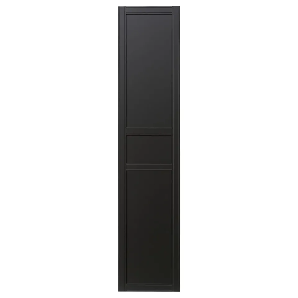 Flibsberget: black cabinet door, three panels, matte finish, scandi design.