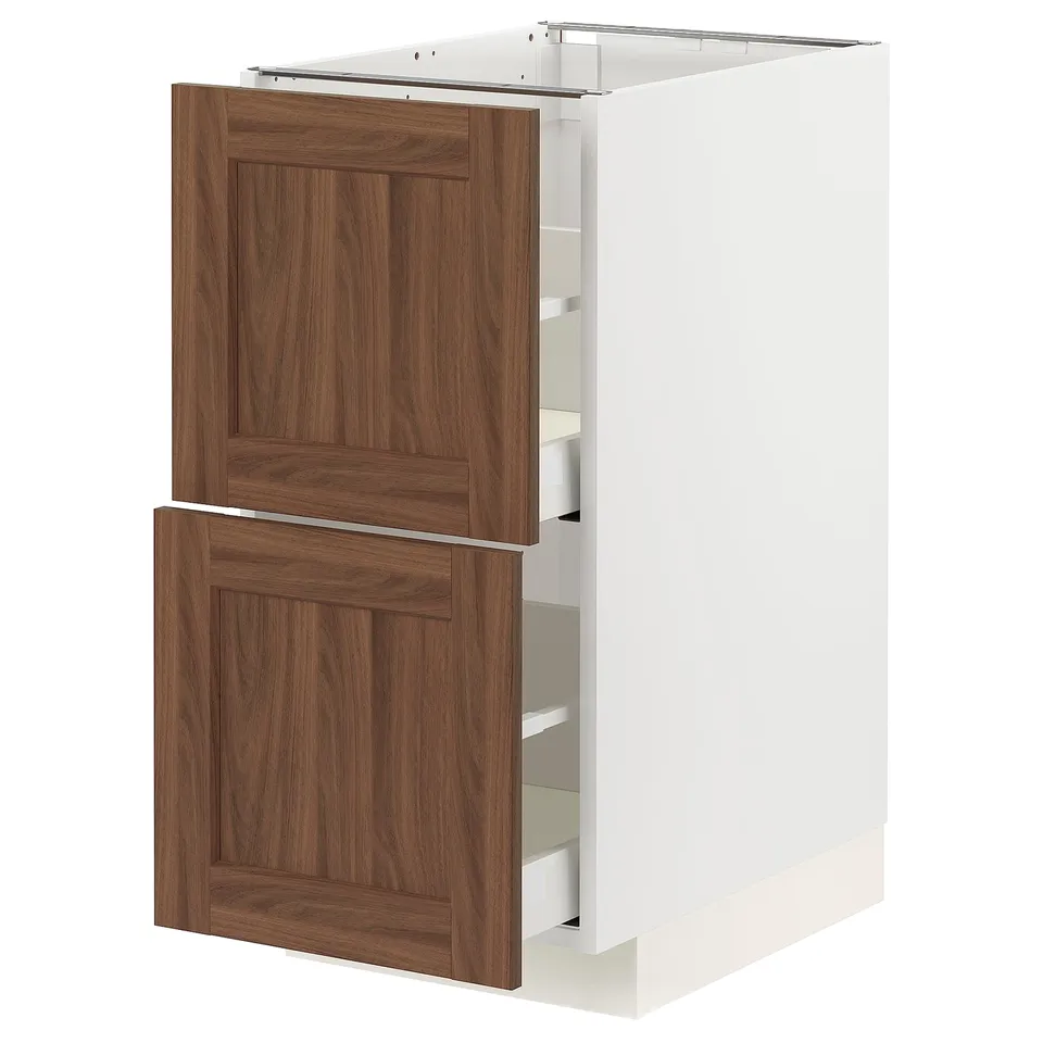 White base kitchen cabinet with walnut drawers, two large drawers, modern design.