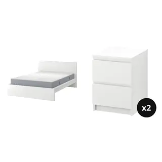 MALM set: bed frame with mattress + chest of 2 drawers x2, white/Valevåg extra firm + white, 180x200 cm