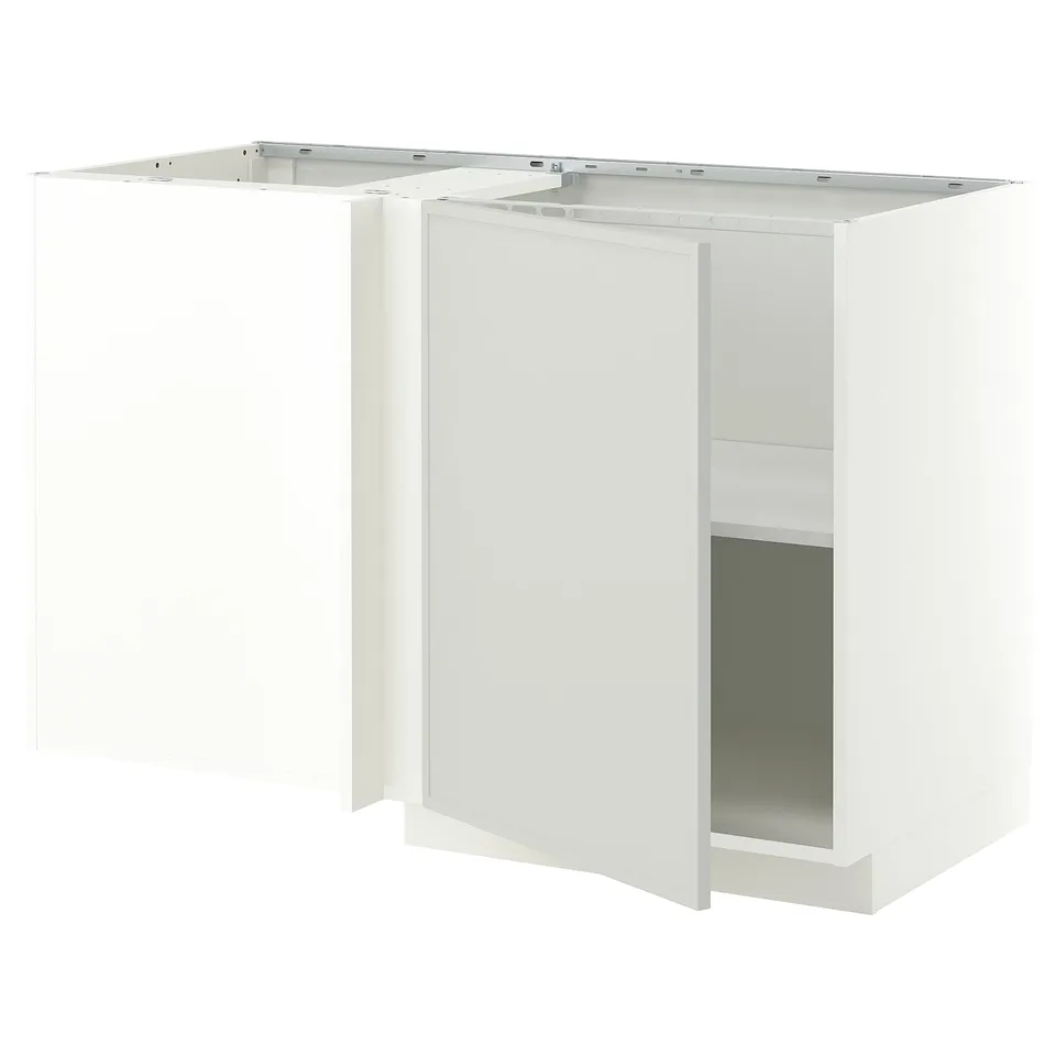 METOD Corner base cabinet with shelf, white/Aspudden light grey, 128x68x80 cm