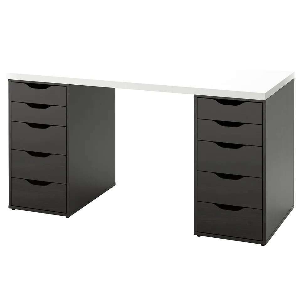 An ikea LAGKAPTEN desk in white with two dark grey drawer units. Its a compact desk with modern, minimalist design and cut-out handles.