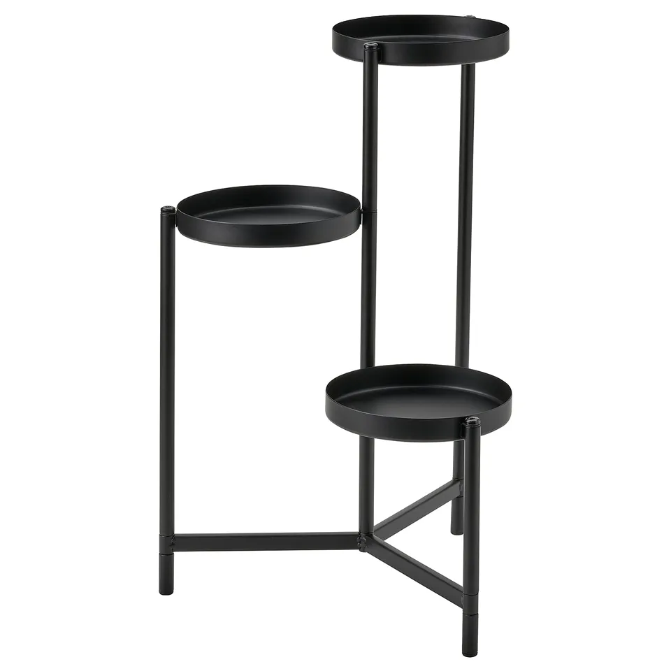 Black OLIVBLAD 3-tier plant stand, metal, modern, sleek, displays plants vertically.
