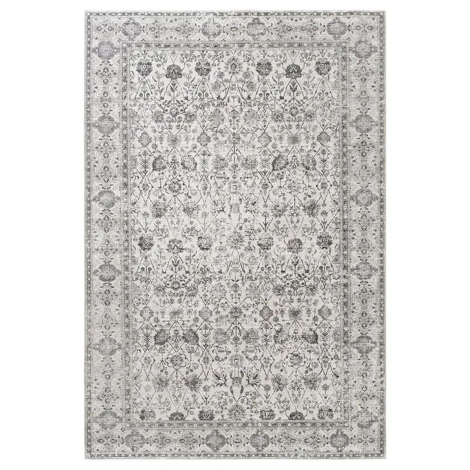 Loklata rug, grey, rectangular, ornate floral pattern, polyester.