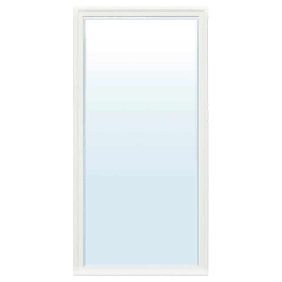 PINGSTSYREN mirror, white frame, rectangular, pinewood, bevelled glass edges.