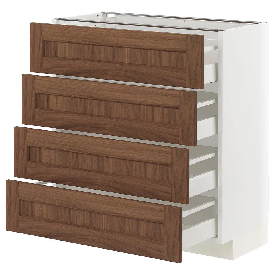 METOD kitchen unit, white & walnut, 4 drawers, sleek & modern design. Self-closing drawers, smooth finish.