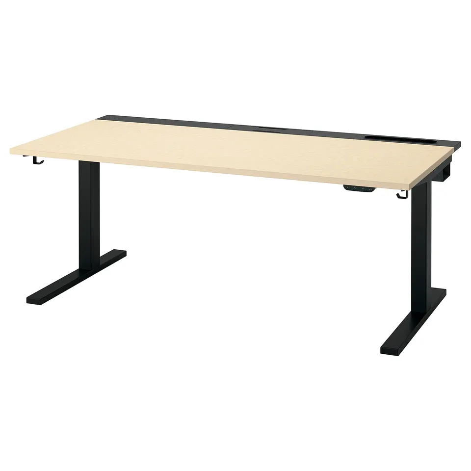 MITTZON desk: light wood top, black legs; sit-to-stand, modern office design.