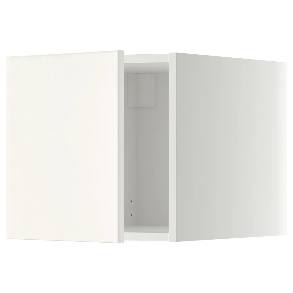 A white METOD kitchen cabinet with a smooth, modern design. It a single door on a hinge and offers a sleek, minimalist look.