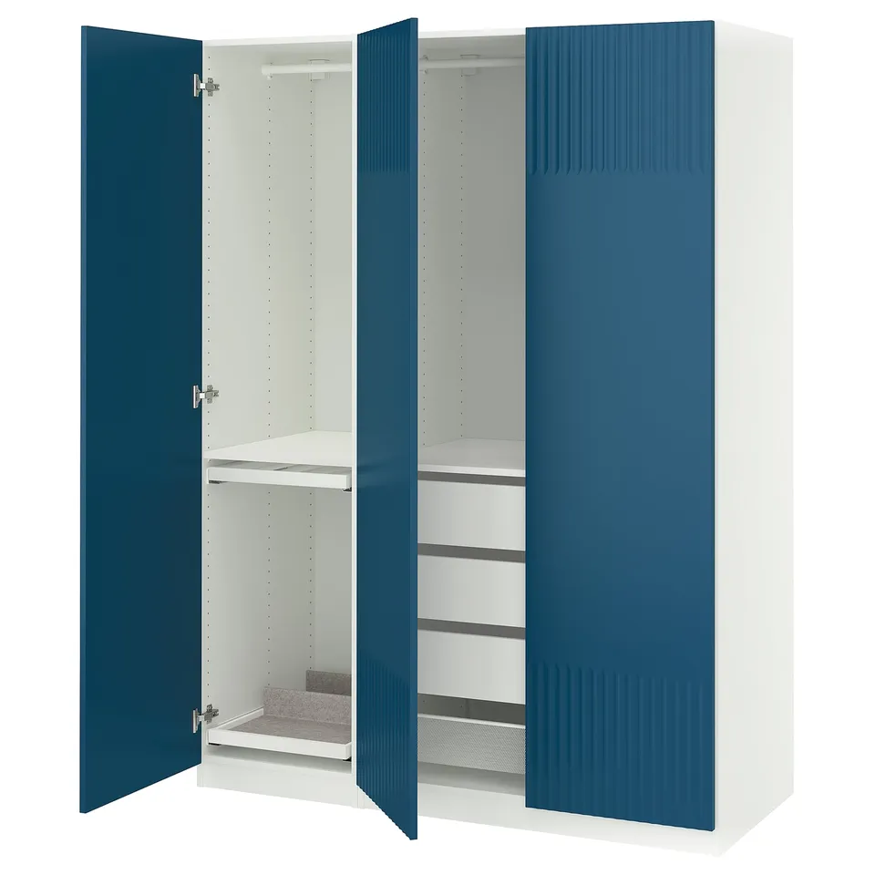 Blue PAX wardrobe open showing shelves and drawers.