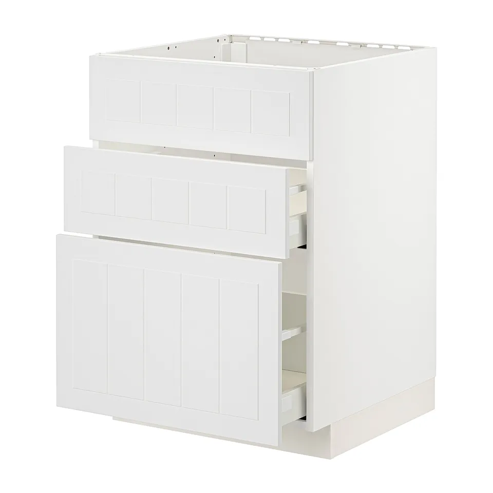 White METOD kitchen unit with panels, drawers, and cabinet.