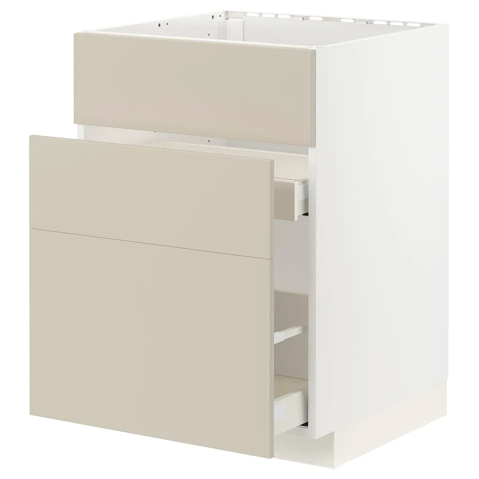 Modern kitchen cabinet in beige by METOD. 3-drawer design, smooth finish, and sturdy structure.