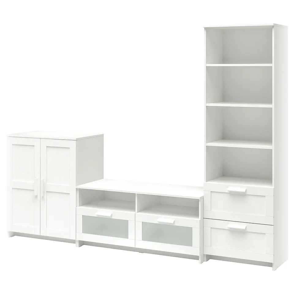 White BRIMNES tv unit with shelves and drawers, modern and minimalist design, ideal for media storage.