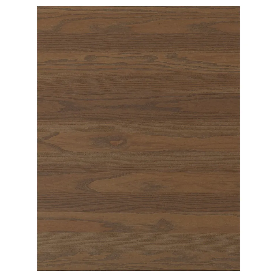 STENSTA dark brown ash veneer kitchen front panel with grain pattern and solid wood handles.