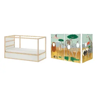 KURA set: reversible bed + bed curtain, white/pine + multicolour/animals on the savannah, 90x200 cm