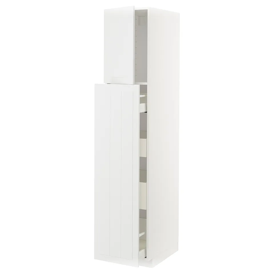 A white METOD kitchen cabinet with a sleek design and multiple shelves in an open position.