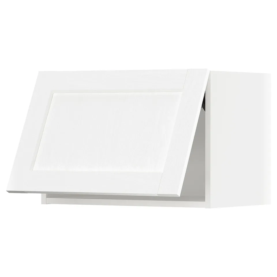 White kitchen cabinet, sleek modern design, flat panel, square shape, metallic hinges.