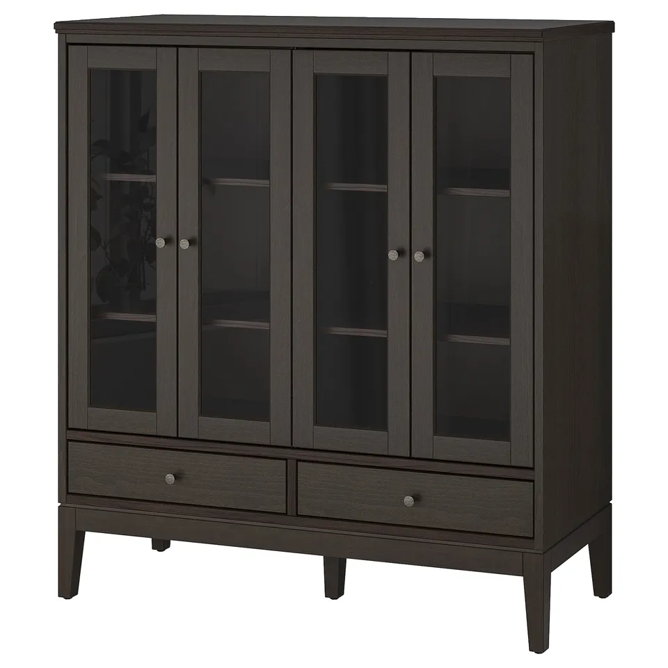 A black IDANÄS display cabinet with glass doors, offering modern and elegant design for home storage.