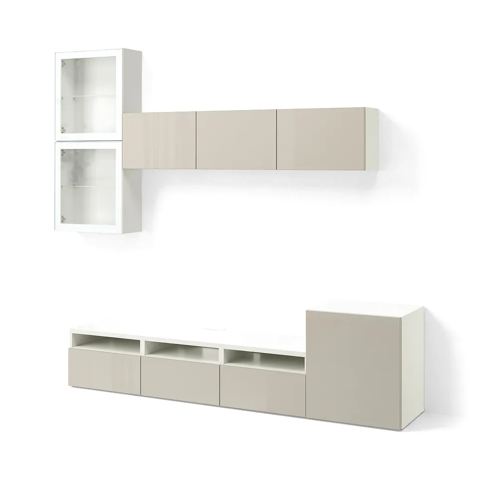 BESTÅ TV storage combination/glass doors, white/Selsviken high-gloss/beige clear glass, 300x42x211 cm