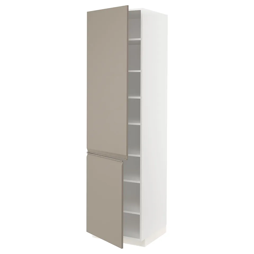 An ikea METOD kitchen cabinet with beige doors and adjustable shelves.