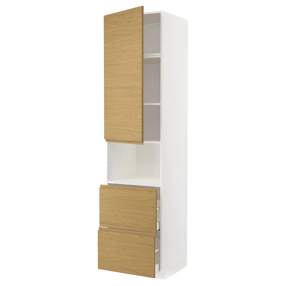 A tall, white METOD kitchen cabinet with wooden-style doors and drawers, featuring a minimalist design.