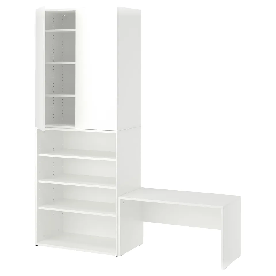 A white LASTARE modular storage unit and bench. It multiple shelves and compartments for various storage needs.