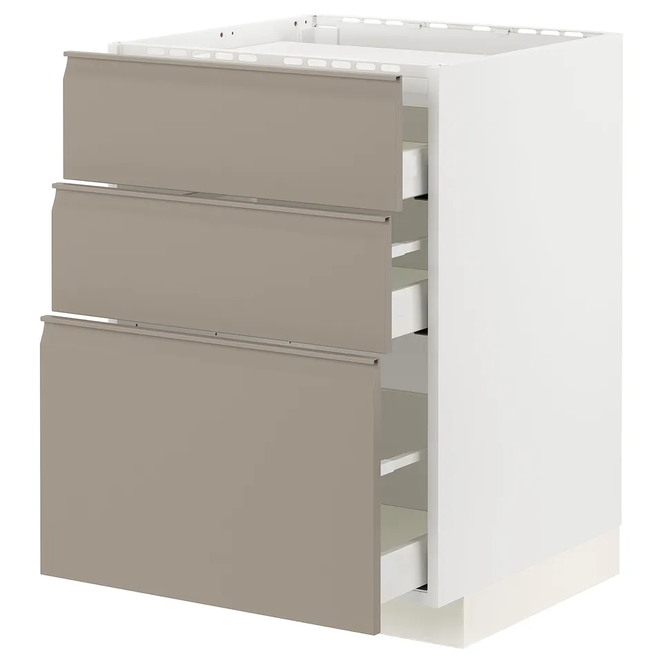 Modern kitchen cabinet in beige with three drawers, sleek handles, and clean lines.