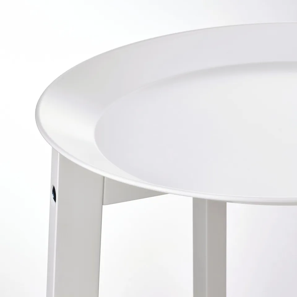 Circular white plant stands tray with sleek, glossy finish and sturdy steel construction.