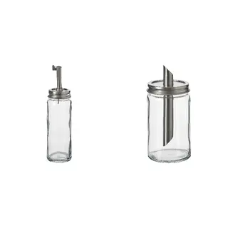 CITRONHAJ set: oil/vinegar bottle + sugar shaker, clear glass/stainless steel, 16 cm