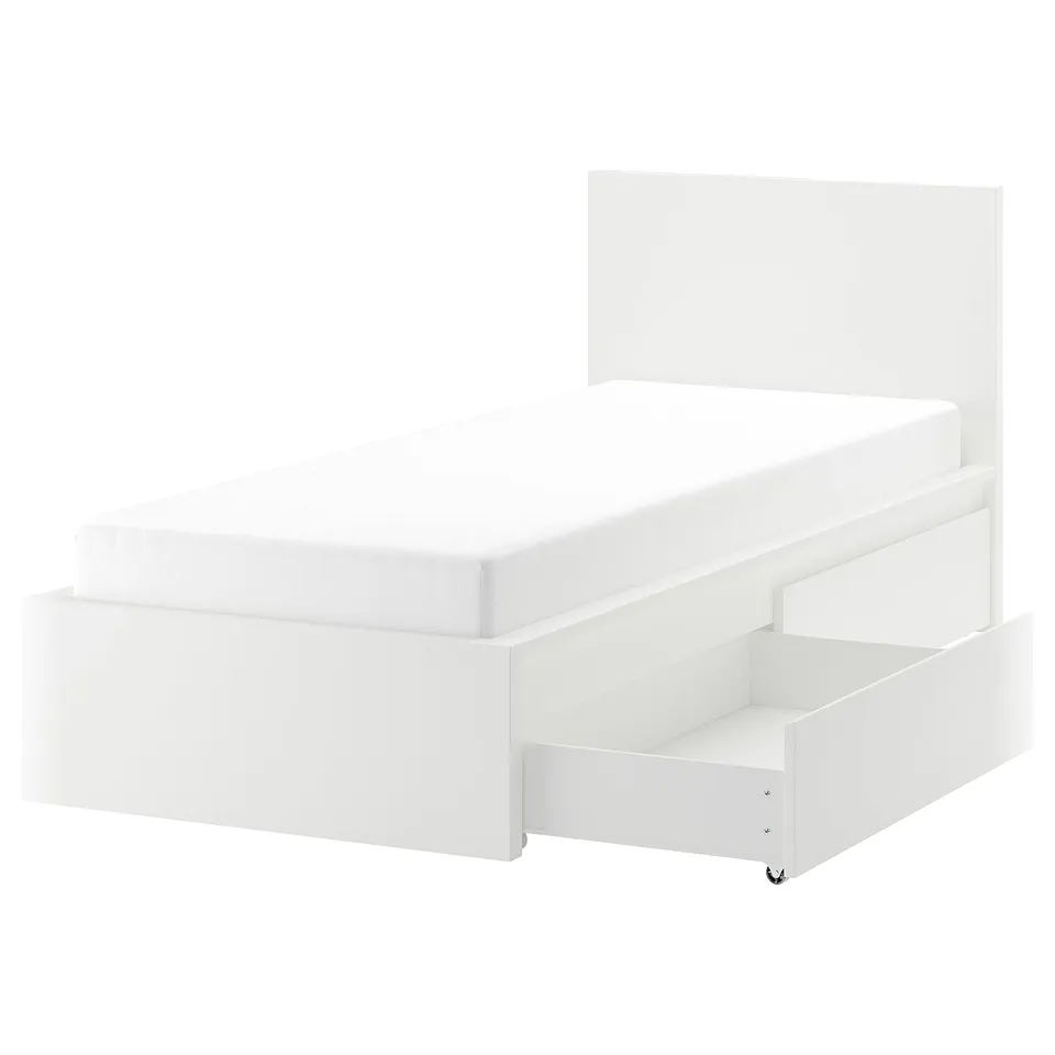 White MALM bed with headboard, adjustable sides, and two drawers on castors.