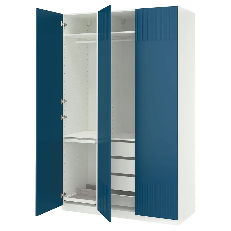 Open blue-white wardrobe, PAX, with shelves and drawers, mesh basket.