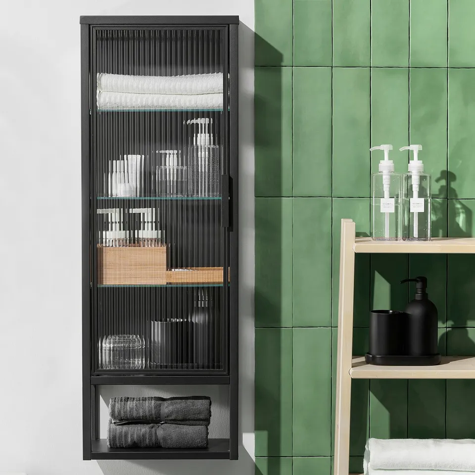Modern bathroom storage: MOSSJÖN cabinet, black, aluminium & glass, tall display, open/closed shelves.