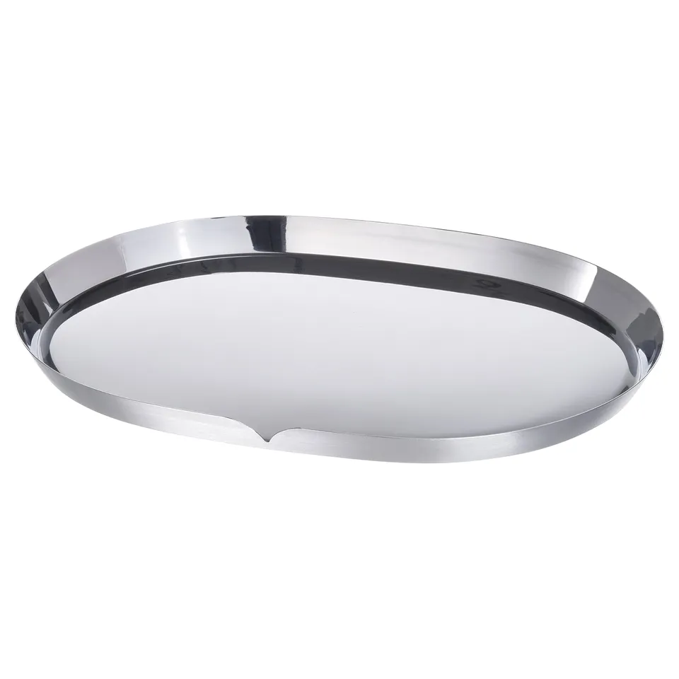 A shiny, silver, round, metallic tray with a slight lip around the edge, designed for serving.