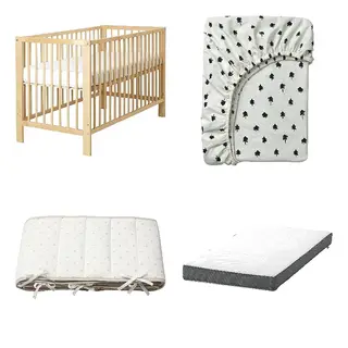 DRÖMMANDE/GRÖNFINK/GULLIVER/LENAST set: cot + fitted sheet for cot + bumper pad + pocket spring mattress for cot, birch + white/tree pattern + dotted/white grey, Length 124 x Width 66 x Height 80 cm