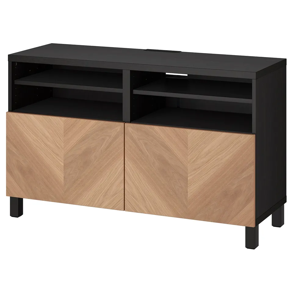 Black and light wood tv stand, two doors, adjustable shelves.