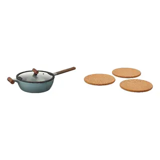 HEAT/KLIPPFISK set: sauté pan with lid + pot stand, non-stick coating glass/wood grey-turquoise + cork, 28 cm
